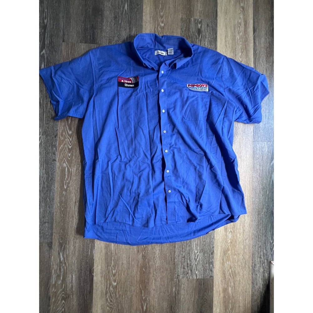 Cintas Pep Boys Work Shirt Mens Large Blue Shawn Short Sleeve Patch Button Down